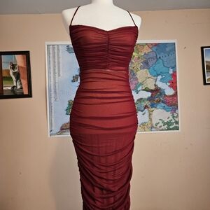 Red Ruched Mesh Bodycon Midi Dress